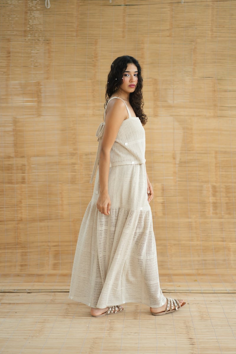 Beige Crochet Top and Tiered Maxi Skirt Co-ord Set