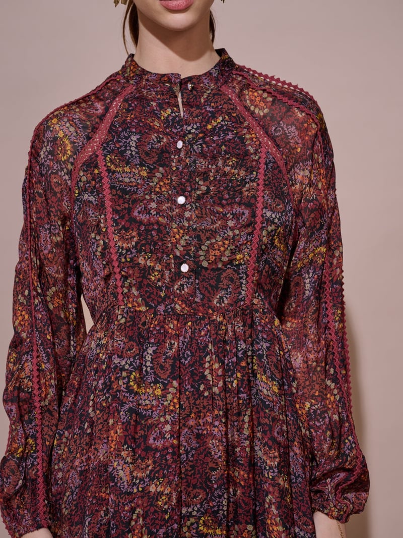 Wine Floral Printed Tiered Knee-Length Dress