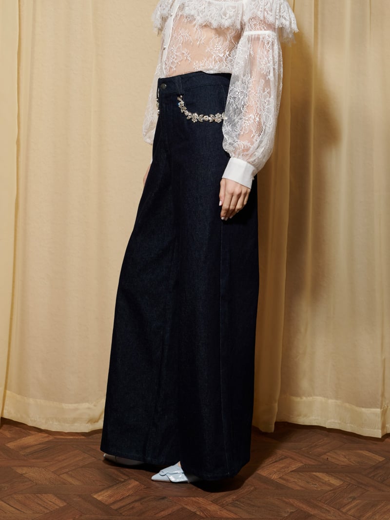 Dark Blue High-Rise Wide-Leg Jeans with Crystal Pockets
