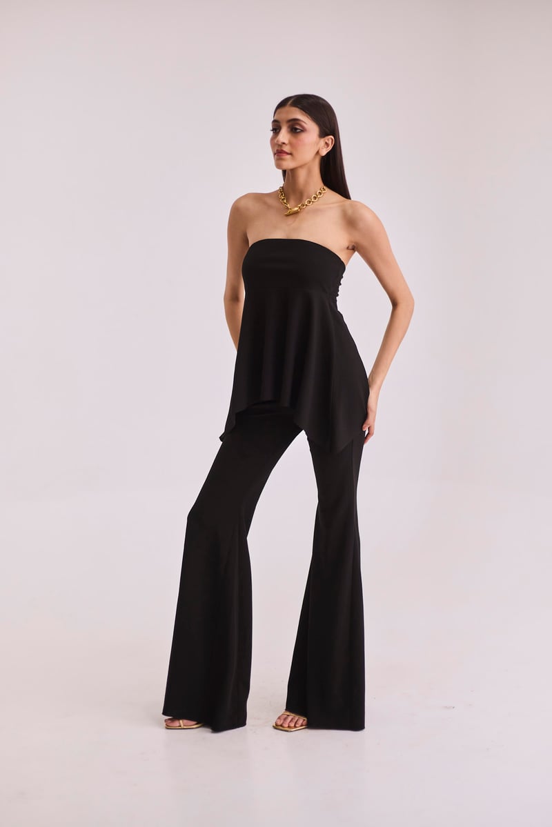 Black Strapless Top and Bell Bottom Co-ord Set