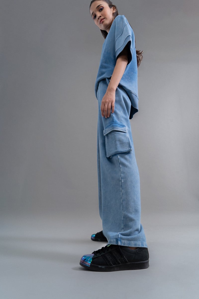 Blue Cotton Terry Wide-Leg Cargo Trousers