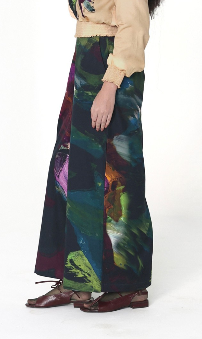 Multicolor Abstract Printed Wide-Leg Cotton Twill Trousers