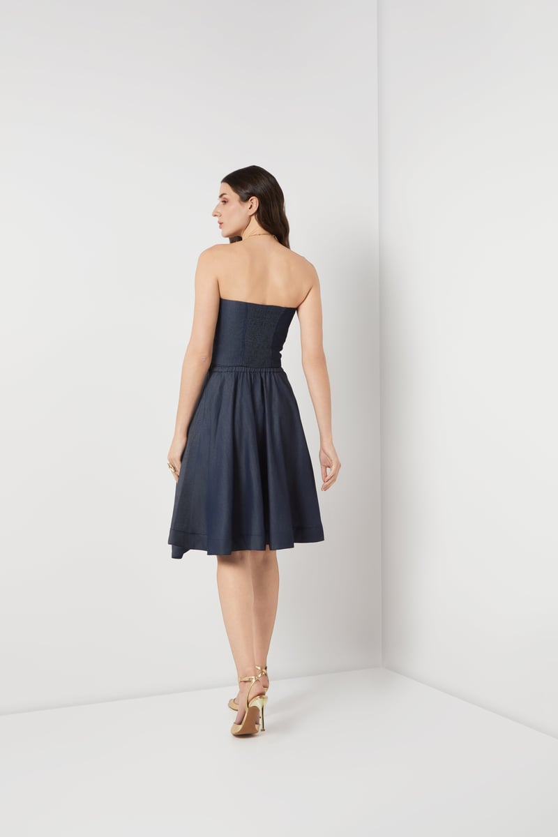Navy Tencel Denim Drape Knee-Length Skirt