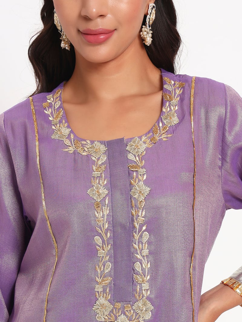 Lavender Cotton Tissue Straight Kurta Set with Gotta Work