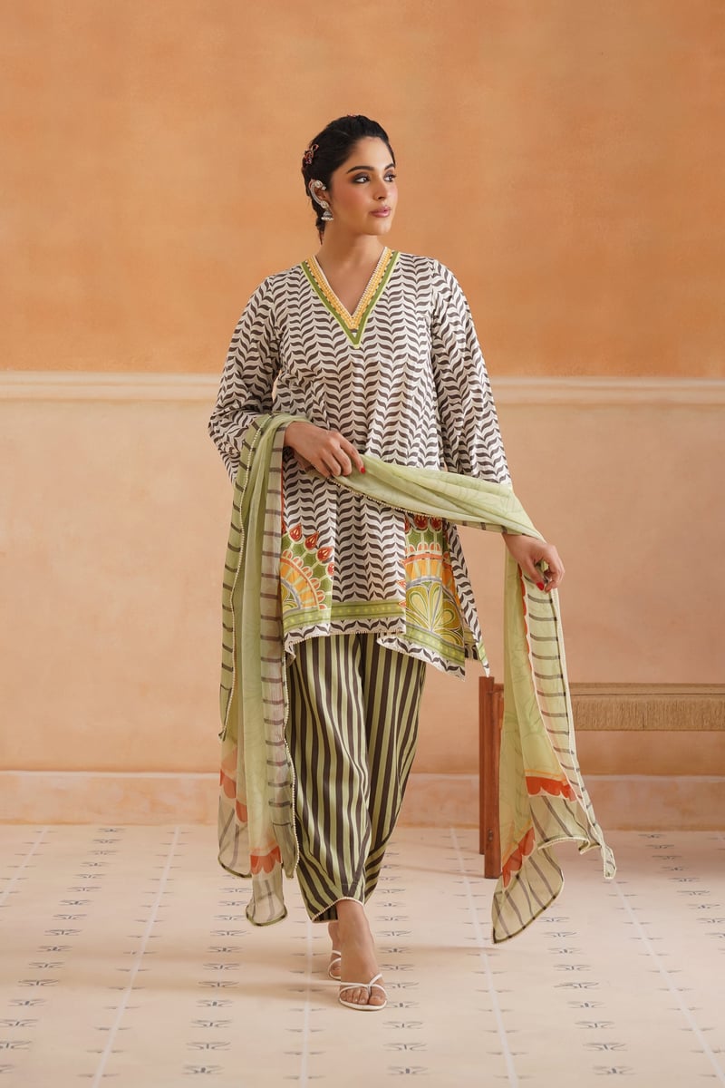 Green Chevron Print Kurta Set with Dupatta