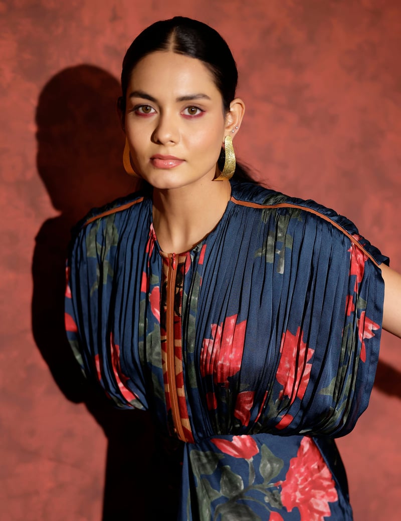 Peacock Blue Floral Kaftan Maxi Gown with Front Zipper