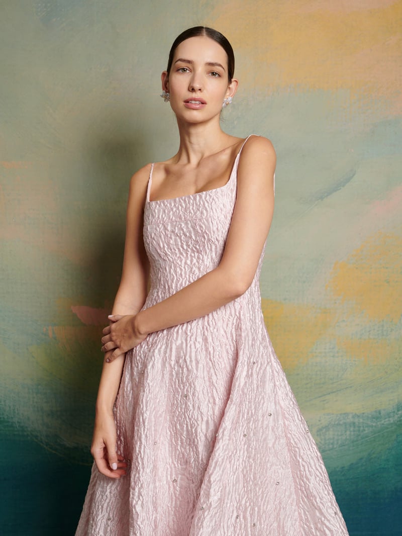 Pink Jacquard Embellished Fit and Flare Midi Dress