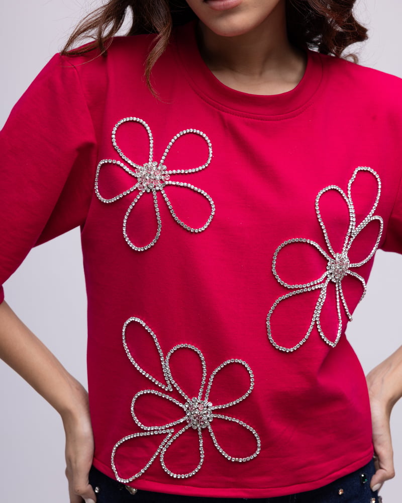 Raspberry Pink Backless Rhinestone Floral T-Shirt