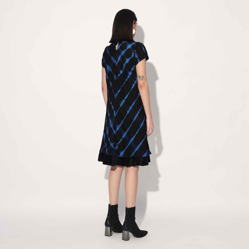 Black/Blue Shibori Tie-Dye A-Line Knee-Length Dress