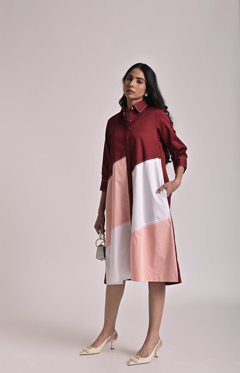 Multicolor Diagonal Colorblock Midi Shirt Dress
