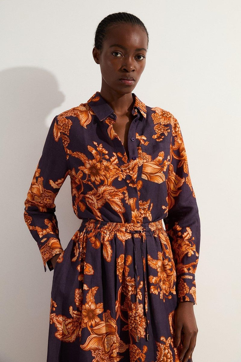 Navy Orange Floral Print Relaxed Fit Button-Front Shirt