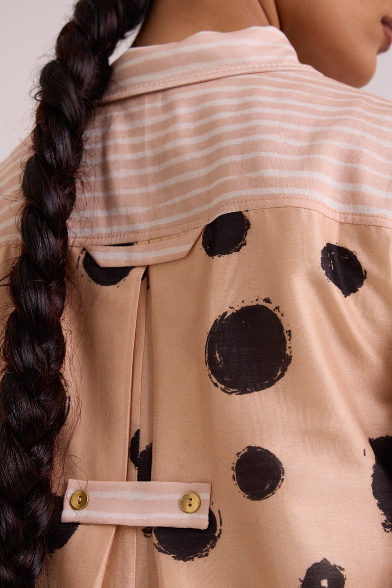 Almond Mixed-Print Midi Shirt Dress with Tie Belt