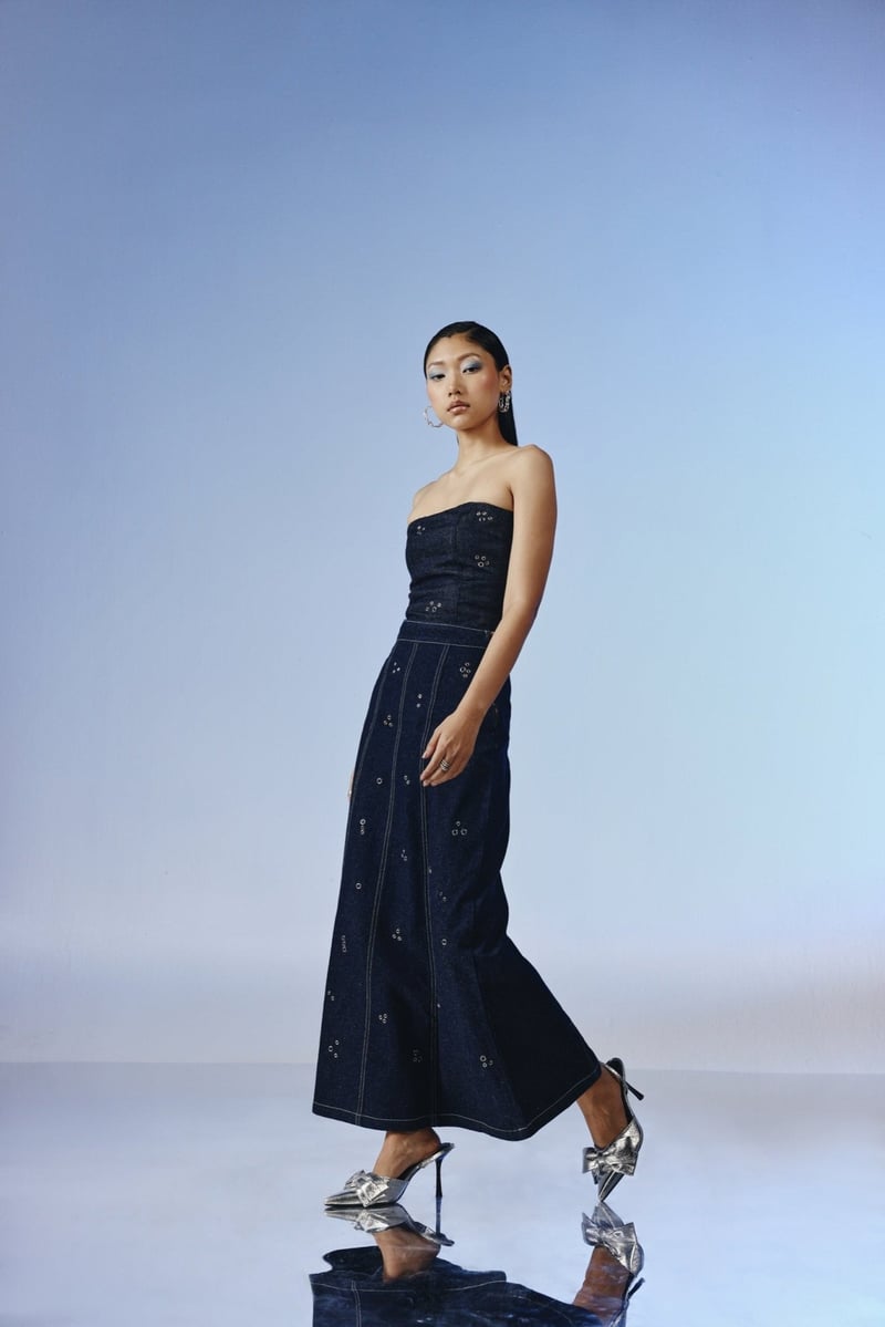 Deep Indigo Strapless Denim Top with Eyelet Detail