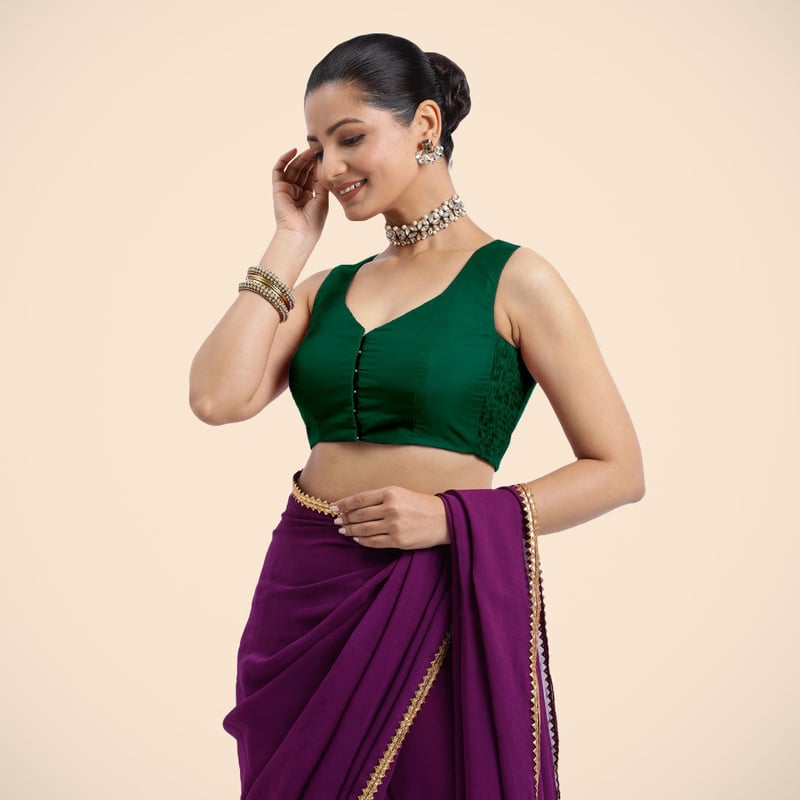 Bottle Green Sleeveless V-Neck Front Open Saree Blouse