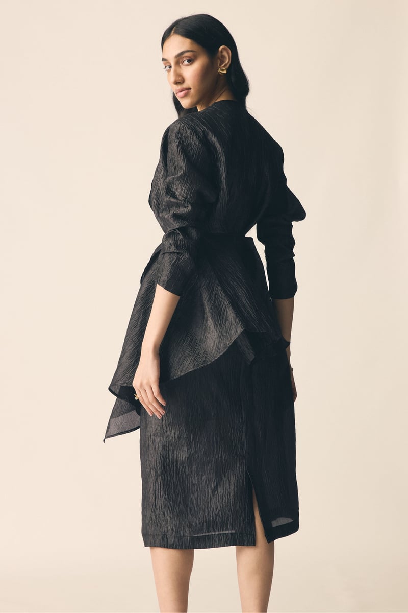 Black Crinkled Organza Wrap Top and Midi Skirt Co-ord Set