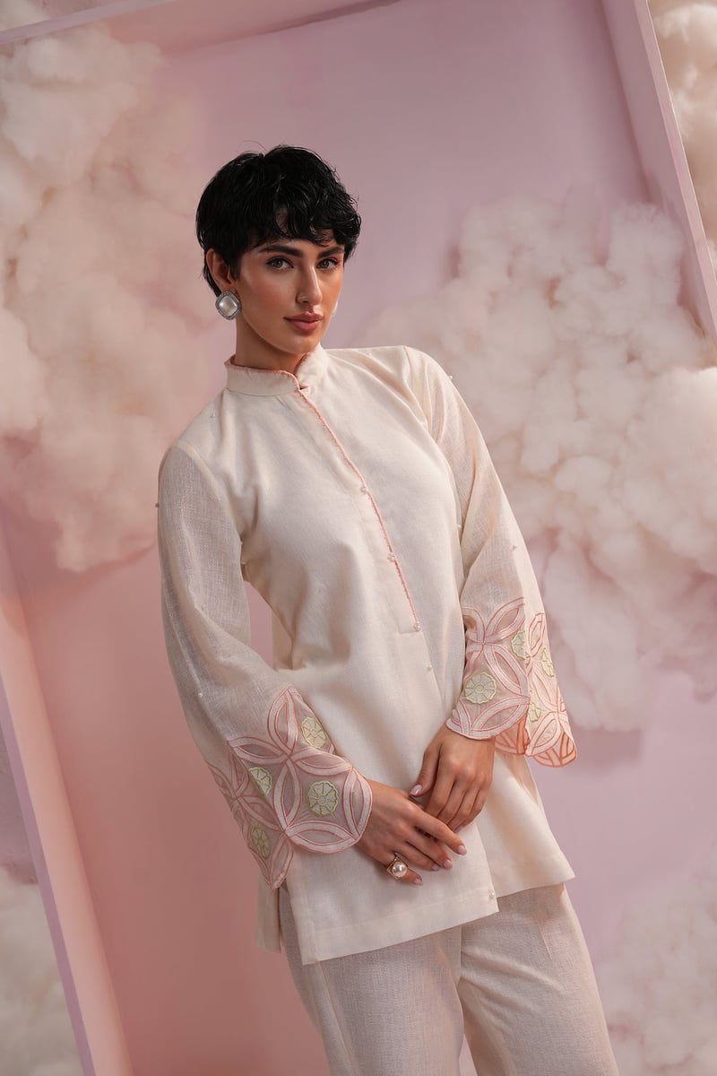 Cream Linen Embroidered Bell Sleeve Co-ord Set