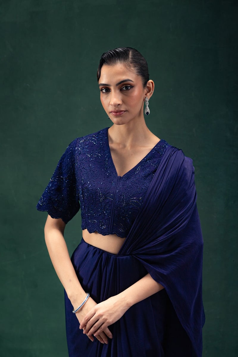 Navy Blue Draped Saree Set with Embroidered Blouse