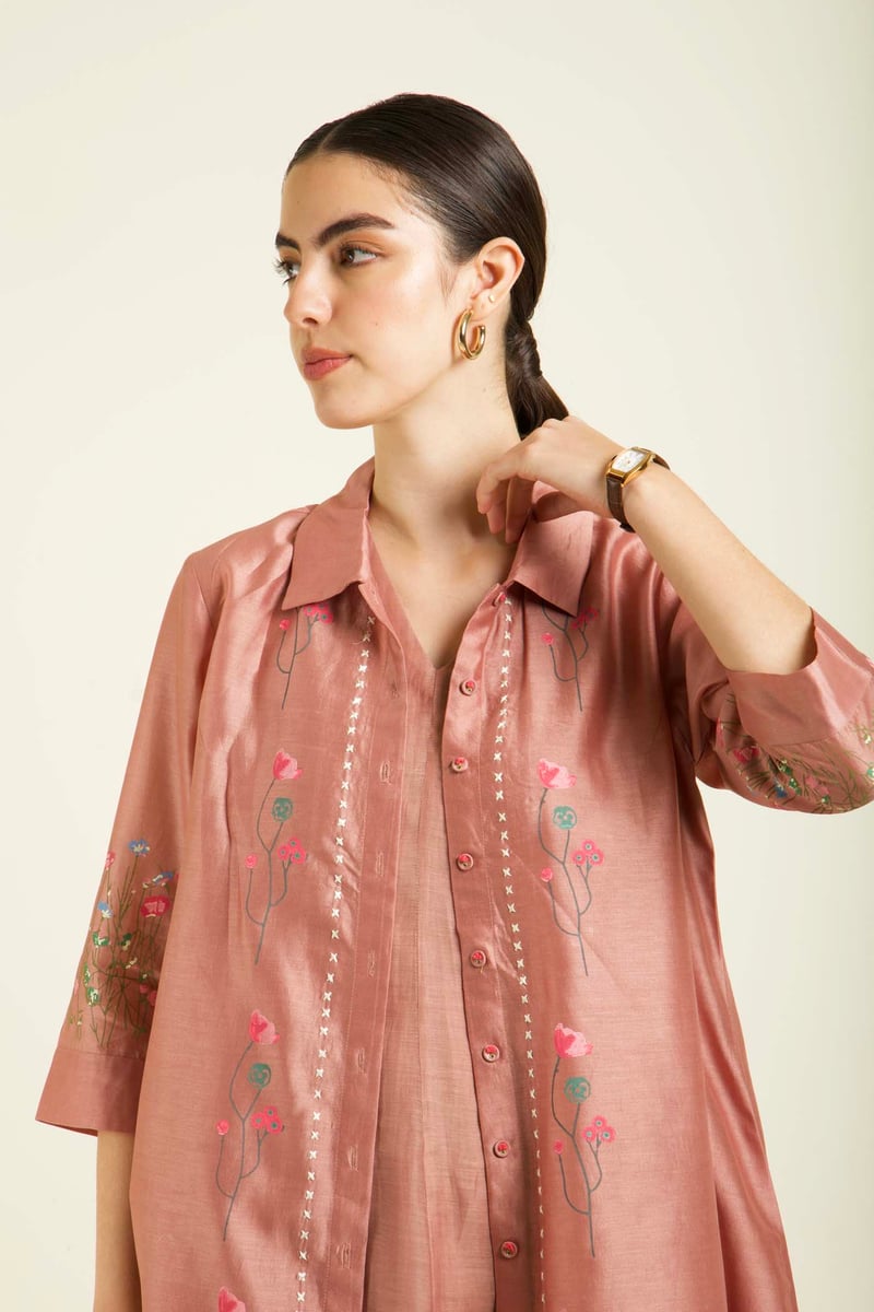 Almond Pink Chanderi Jacket Dress Set