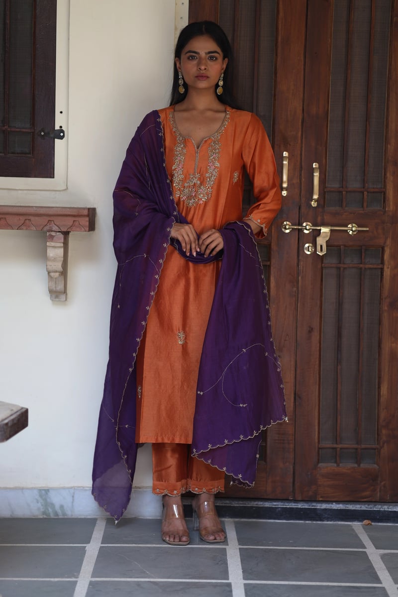 Rust Orange Zardozi Yoke Chanderi Silk Kurta Set