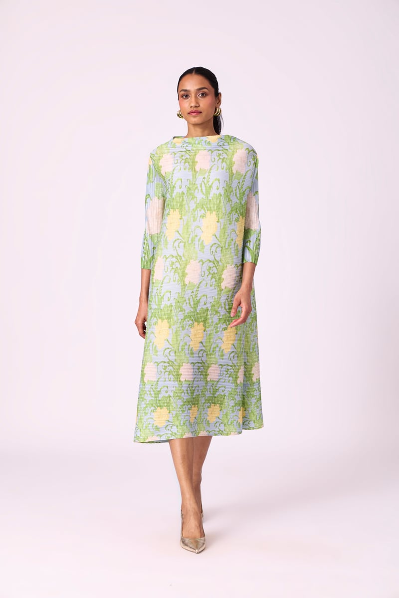 Light Blue Pleated Floral Midi Dress with Belt — Scarlet Sage