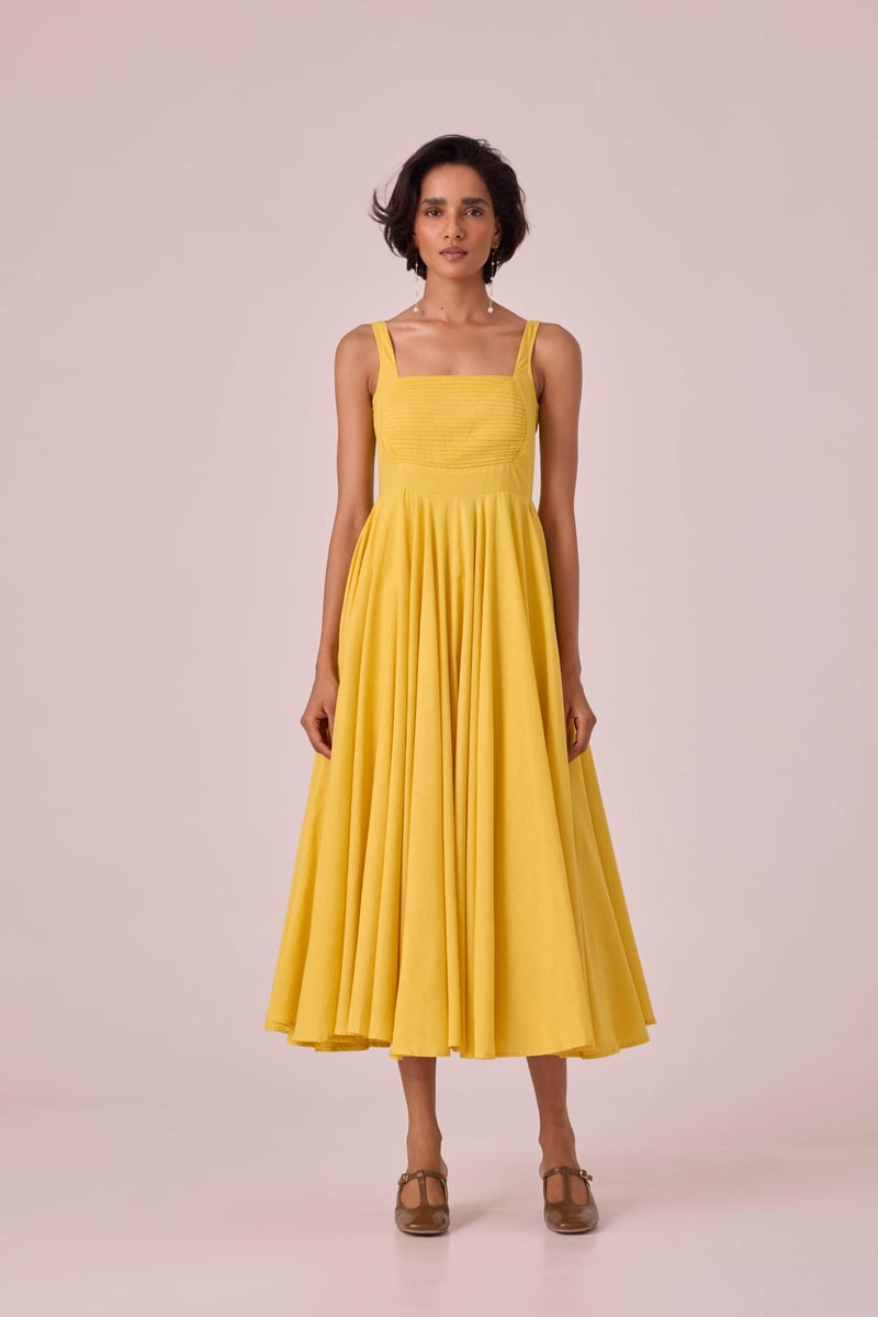 Yellow Fit and Flare Square Neck Midi Dress