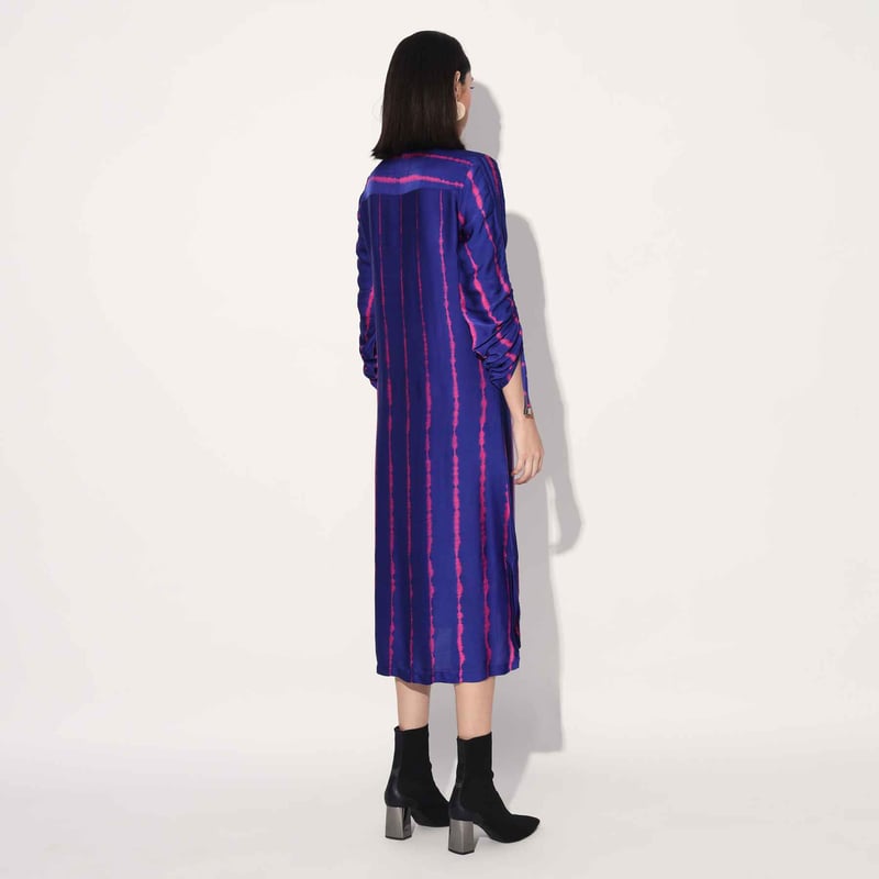 Pink/Purple Shibori Striped Satin Midi Shirtdress