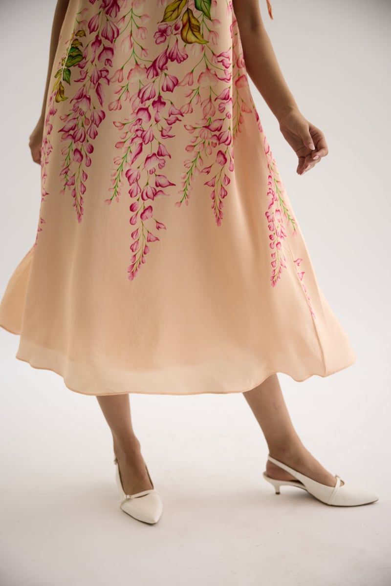 Peach Floral Printed Square Neck Midi Dress