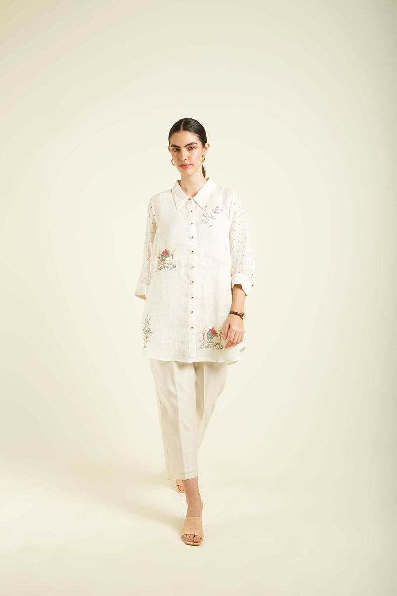 Ivory Block Print Shirt and Straight Pant Co-ord Set