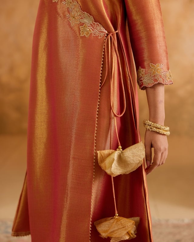 Rosy Zari Chevron Tissue Angrakha Kurta Set with Pants