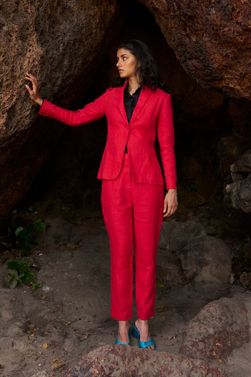 Red Linen Straight-Leg Trousers