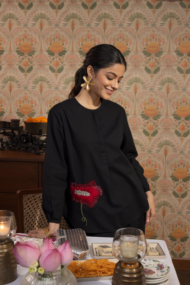 Black Linen-Blend Shirt and Trousers Co-ord Set
