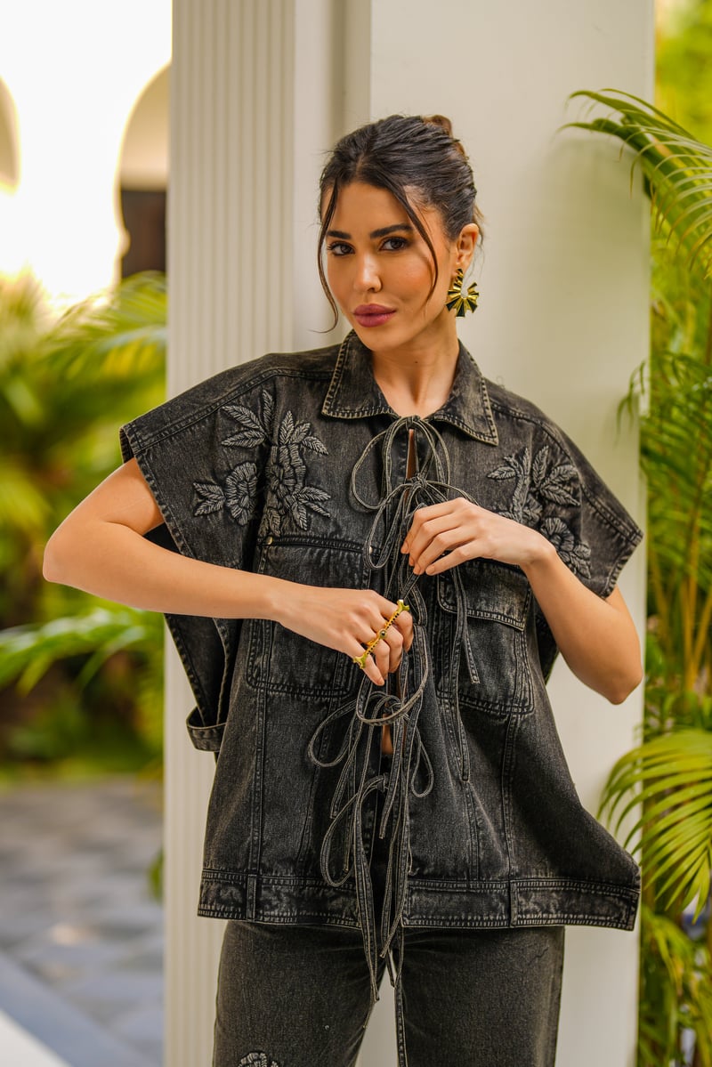 Black Denim Tie-Up Top and Wide-Leg Pants Co-ord Set