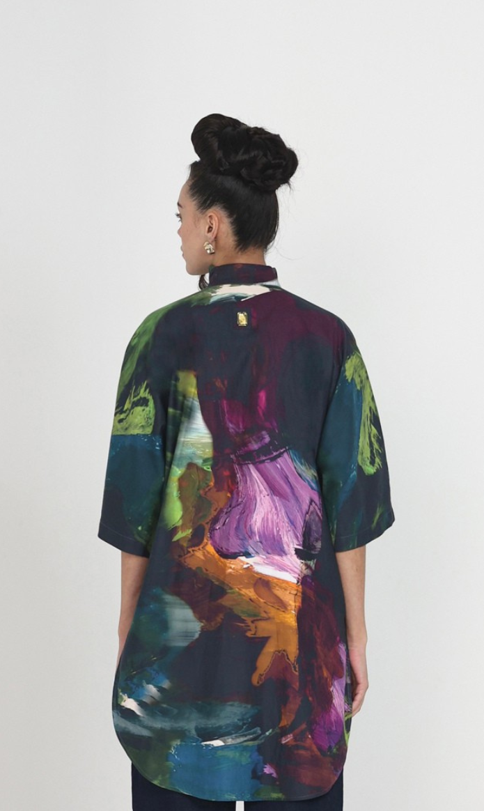 Multicolor Abstract Print Oversized Cotton Satin Shirt