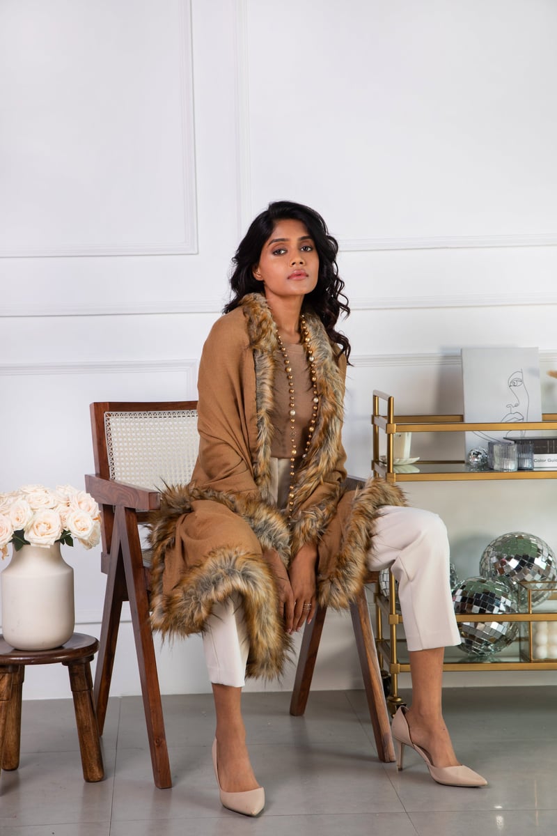 Ochre Wool Stole with Faux-Fur Border Trim