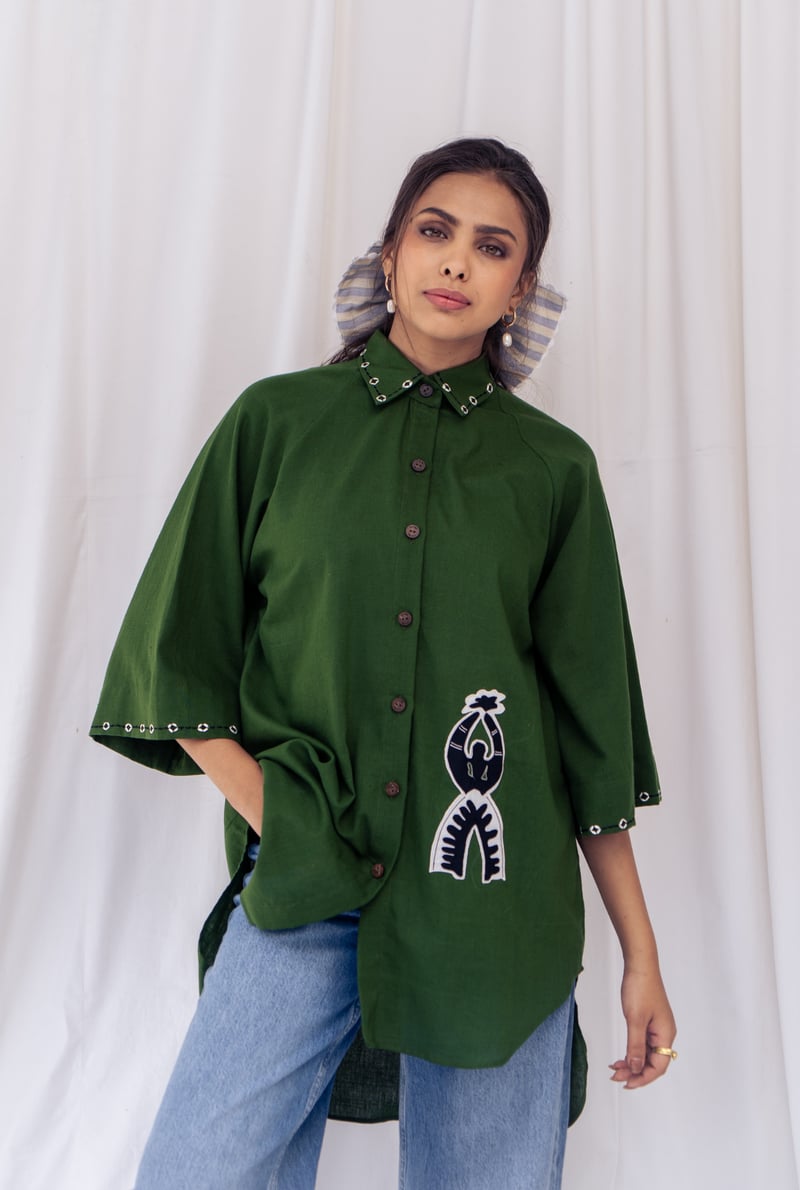 Green Oversized Kala Cotton Shirt with Applique Detail