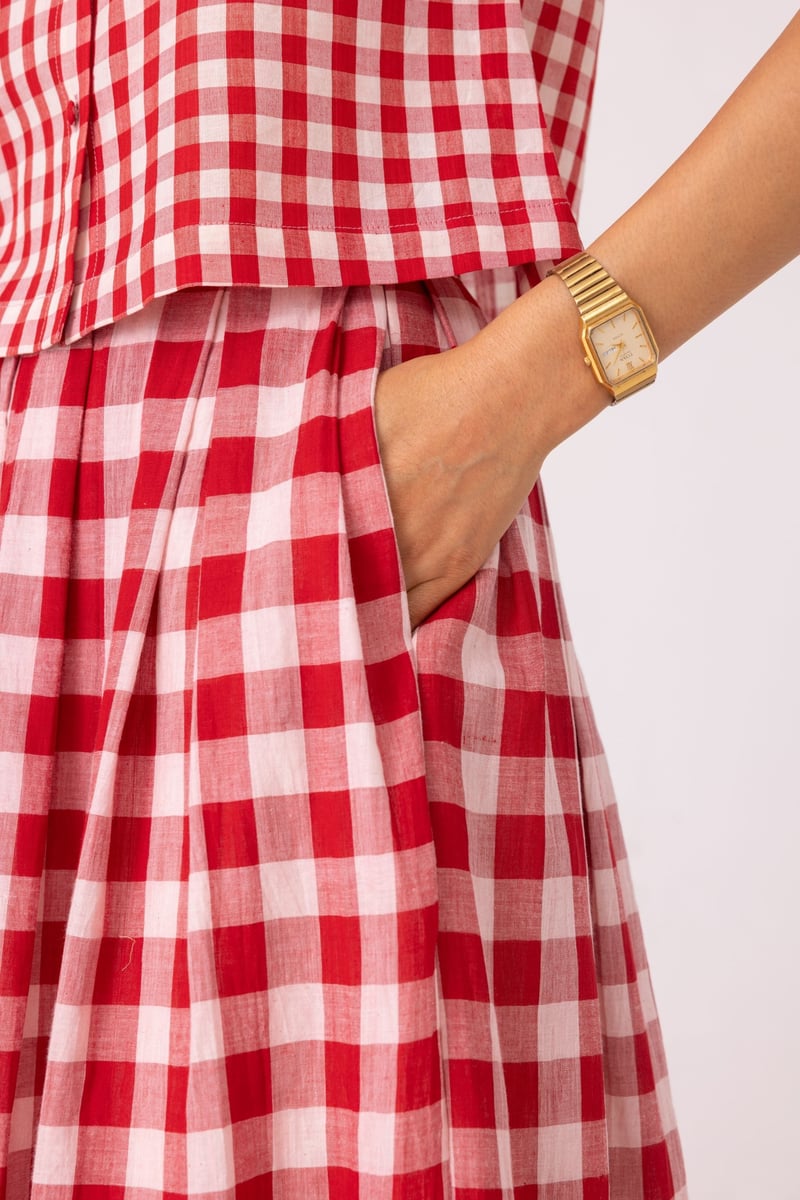 Red Checked Handwoven Cotton Midi Skirt with Box Pleats