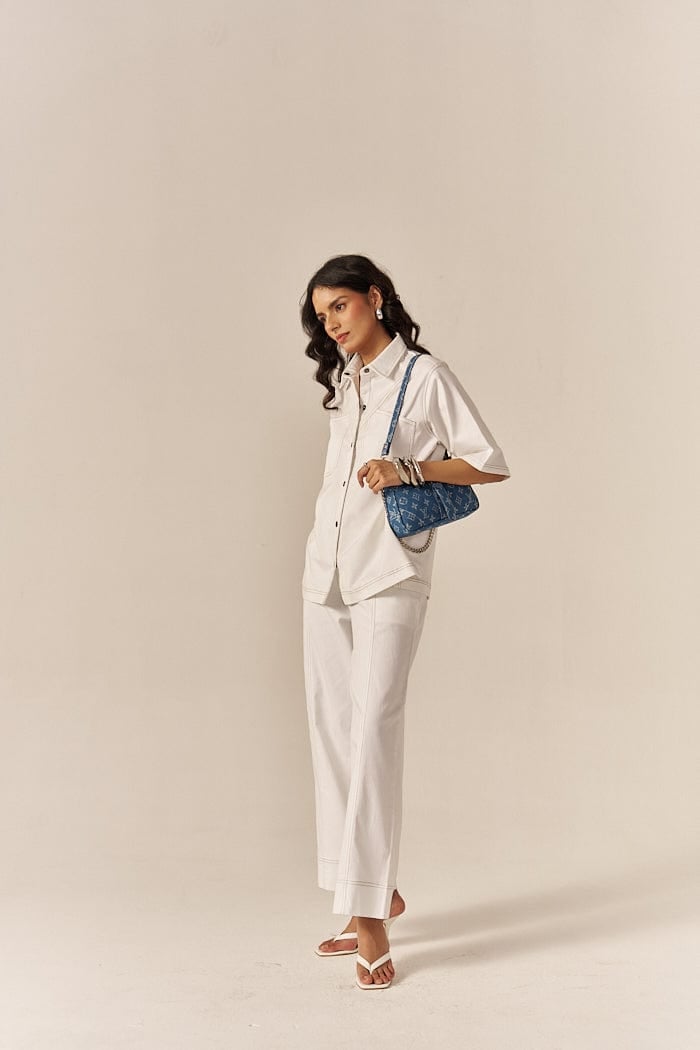 White Denim Oversized Shirt and Flared Pants Co-ord Set