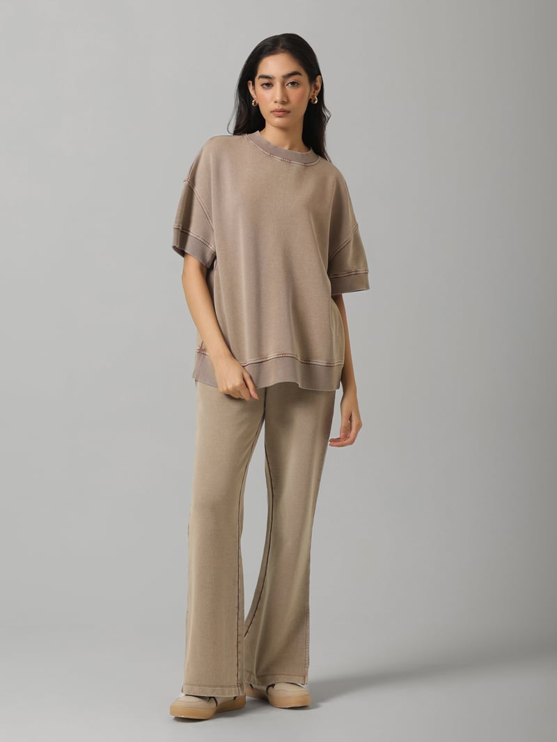 Brown Acid Wash Short Sleeve Sweatshirt
