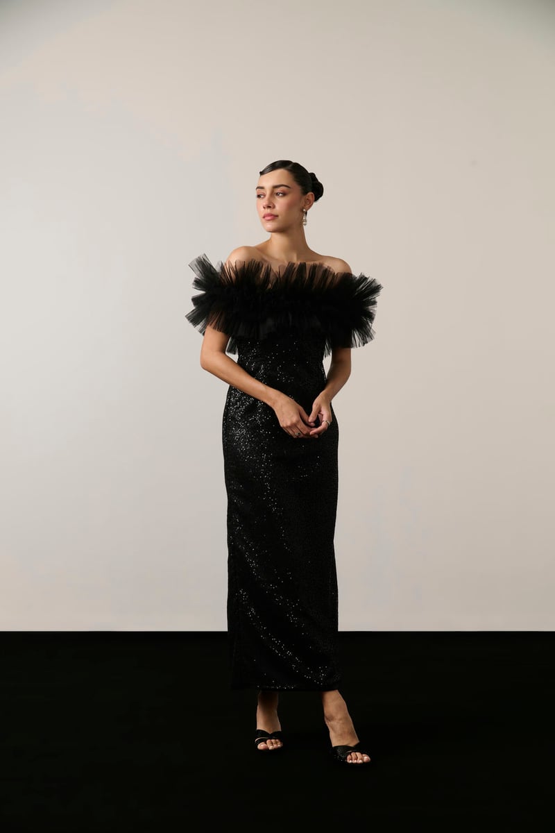 Black Sequin Off-Shoulder Ruffle Maxi Dress