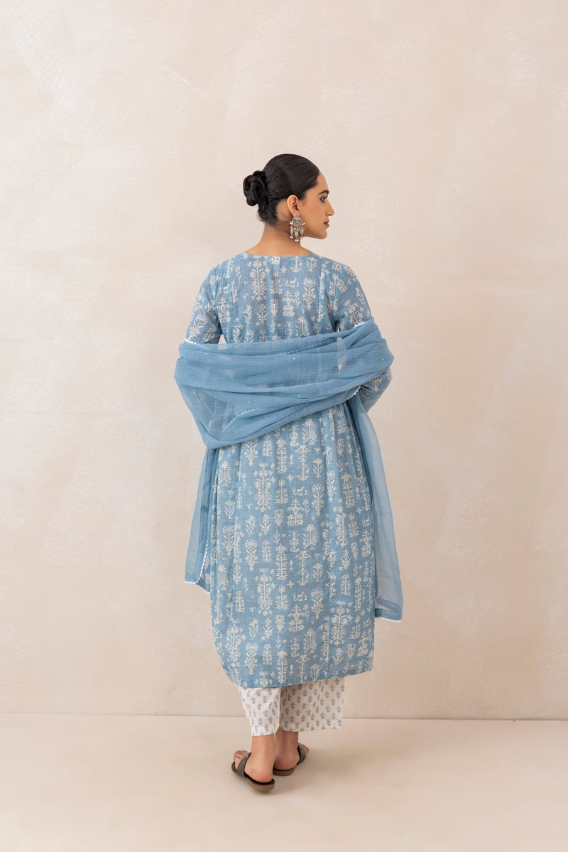 Baby Blue Floral Printed Cotton Slub Kurta Set with Dupatta