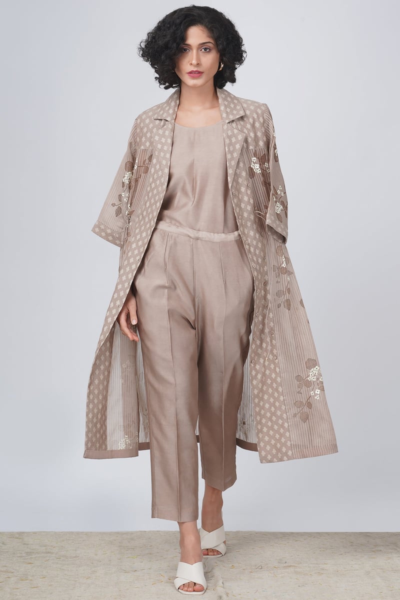 Beige Printed Longline Jacket and Straight Pants Co-ord Set