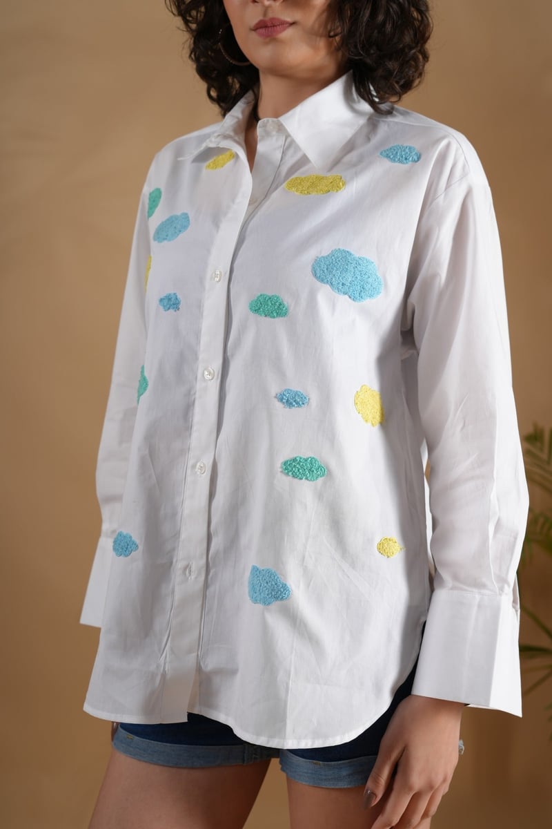 White Cotton Comfort-Fit Shirt with Cloud Embroidery