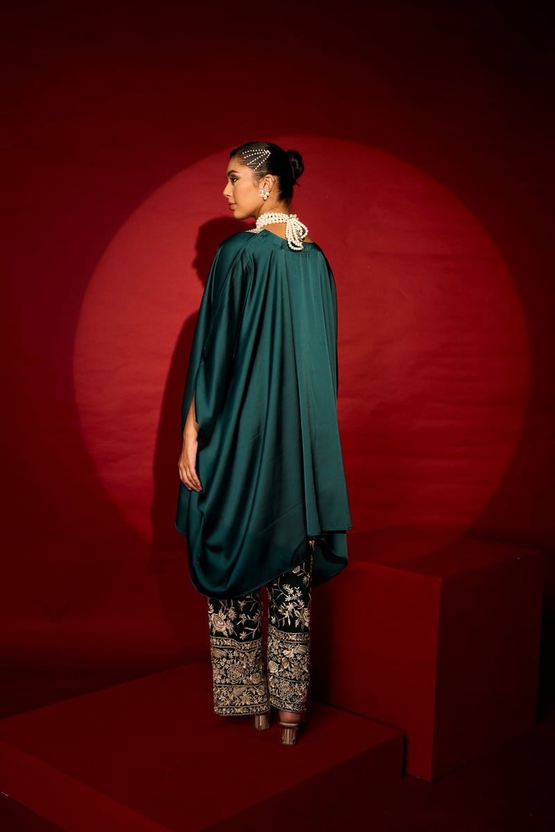 Green Satin Silk Kaftan Top and Pants Co-ord Set