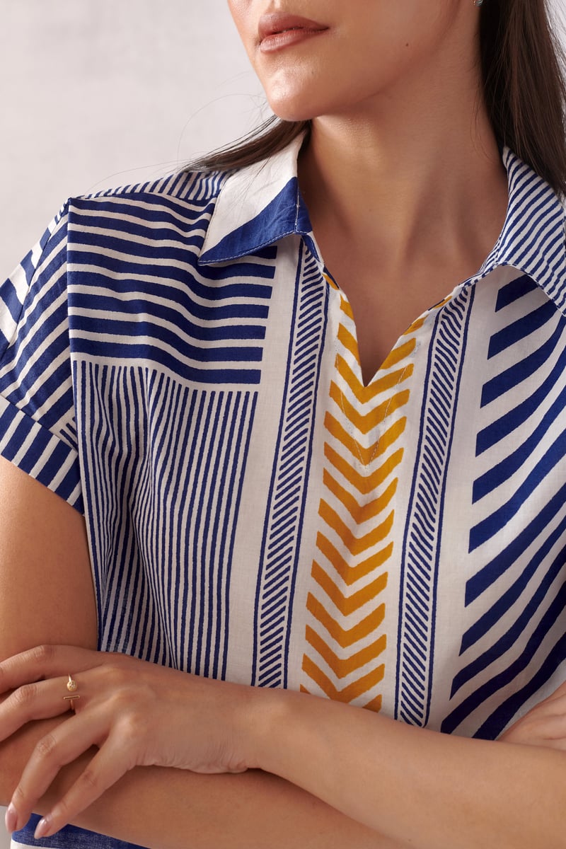 Blue and White Striped Boxy Cotton Top with Collar