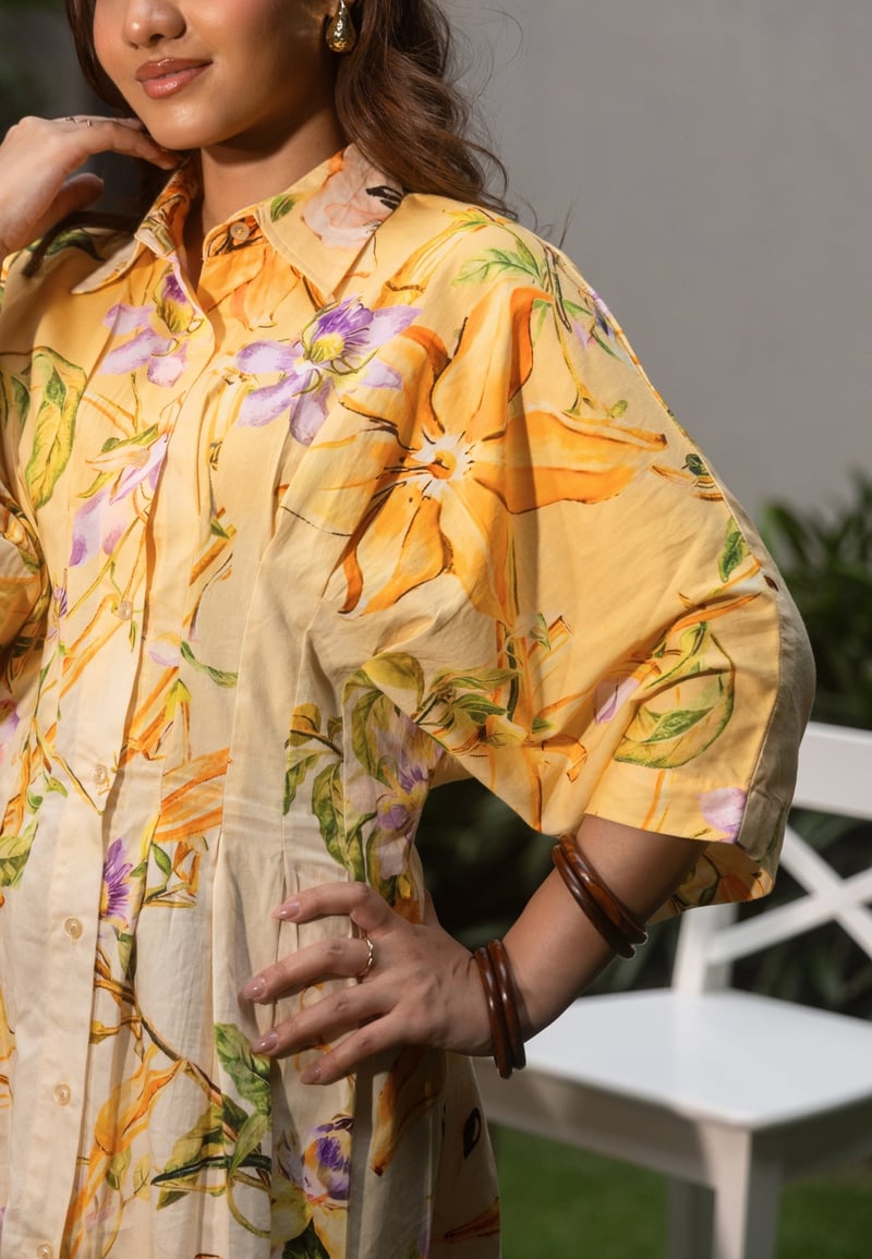 Yellow Floral Maxi Shirt Dress with Button-Down Front