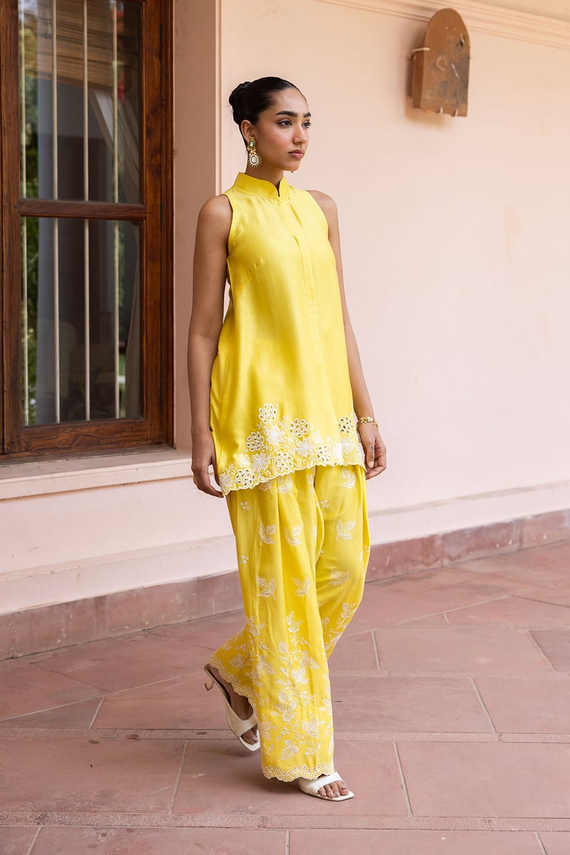 Yellow Cutwork Embroidered Tunic and Farshi Pants Co-ord Set