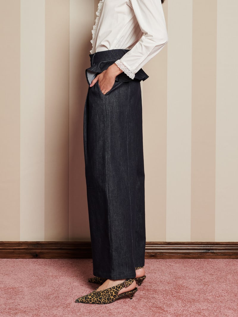 Dark Denim High-Waist Peplum Wide-Leg Trousers