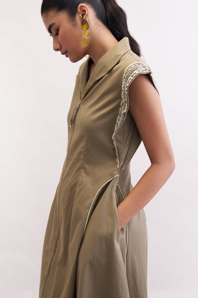 Mushroom Cotton Poplin Zip-Front Fit and Flare Midi Dress