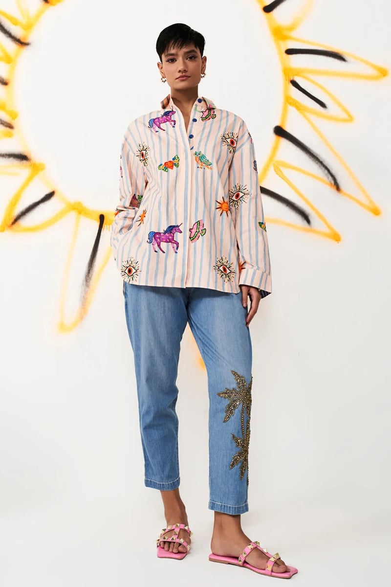 Peach Striped Cotton Poplin Embroidered Shirt