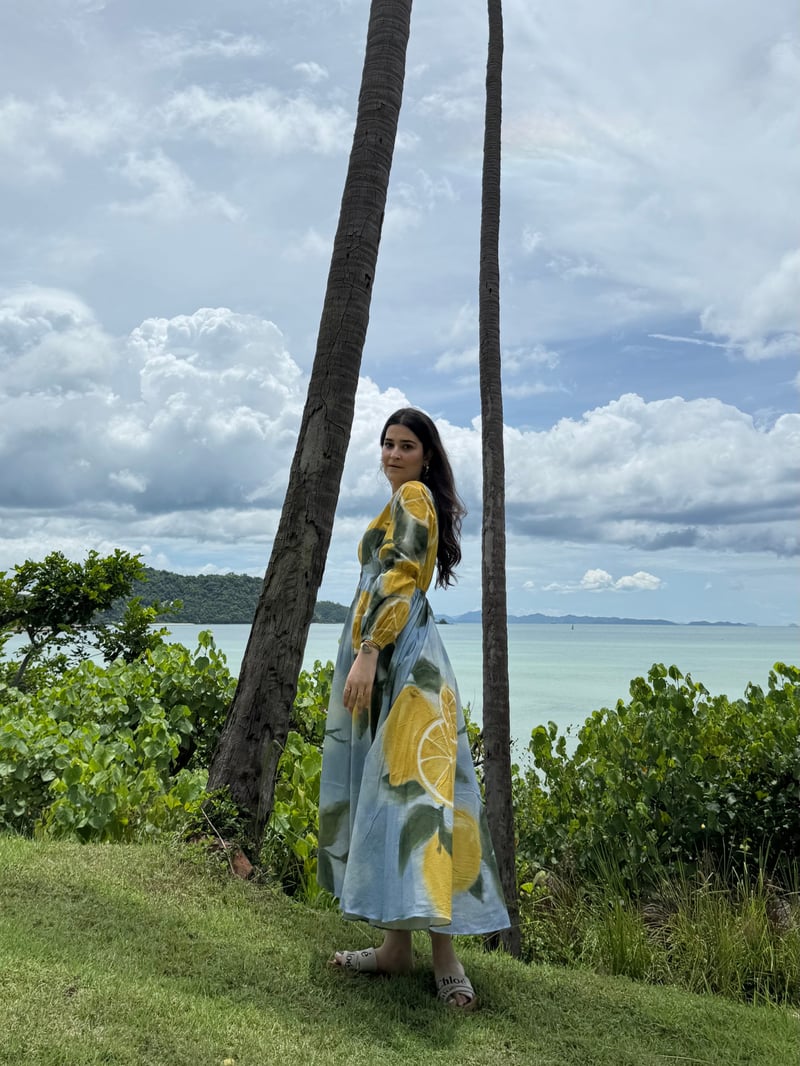 Blue Citrus Print Cotton Fit and Flare Maxi Dress